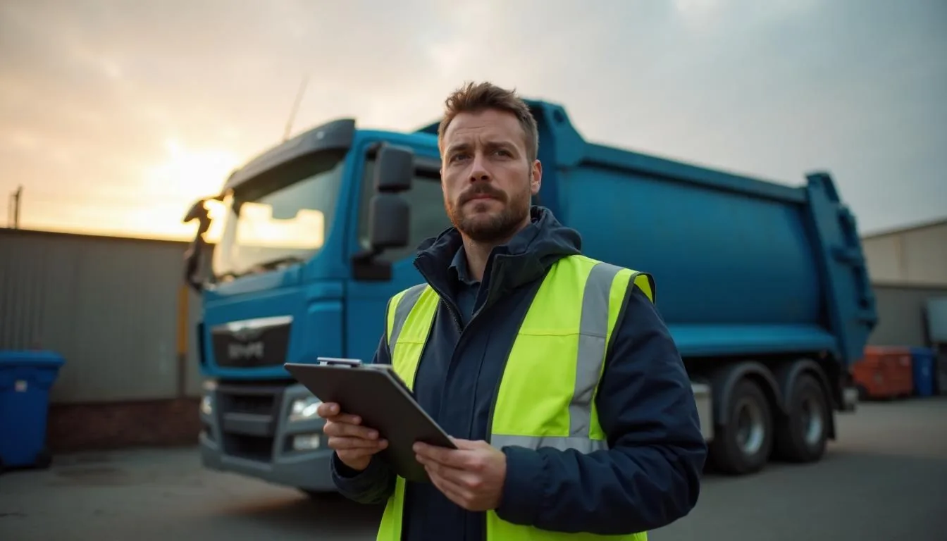 Waste hauling route supervisor beside a front loader refuse truck in a depot yard at sunrise, used to illustrate collection route operations