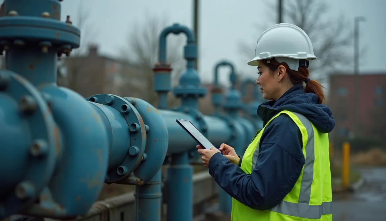 Water utility operations manager checking district meter readings on a tablet beside distribution pipework, used to illustrate non revenue water field auditing