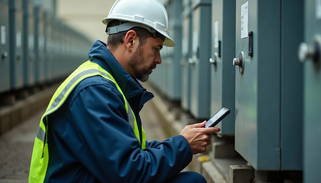 Utility meter reader kneeling at an open meter pit recording a register reading on a handheld, used to illustrate the moment a consumption figure becomes something a bill will later depend on