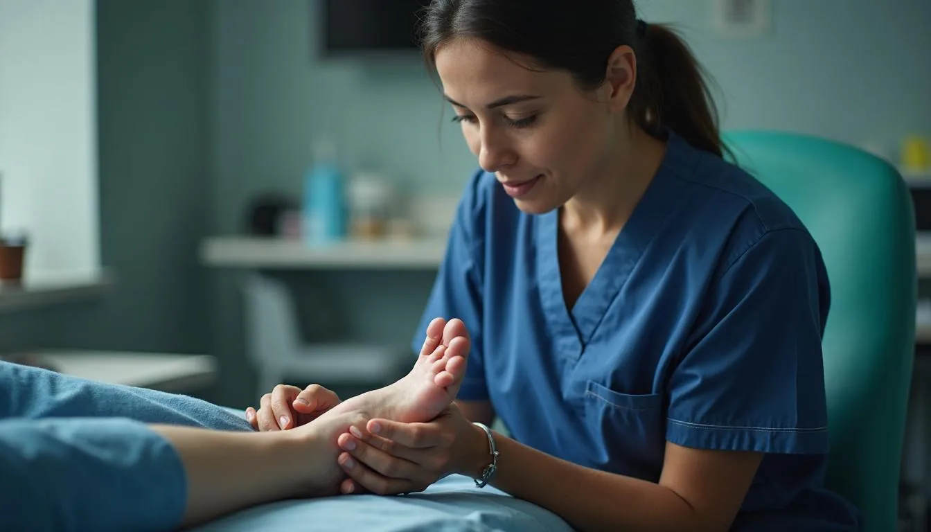 Wound care clinician measuring a diabetic foot ulcer during an outpatient visit, used to illustrate chronic wound assessment