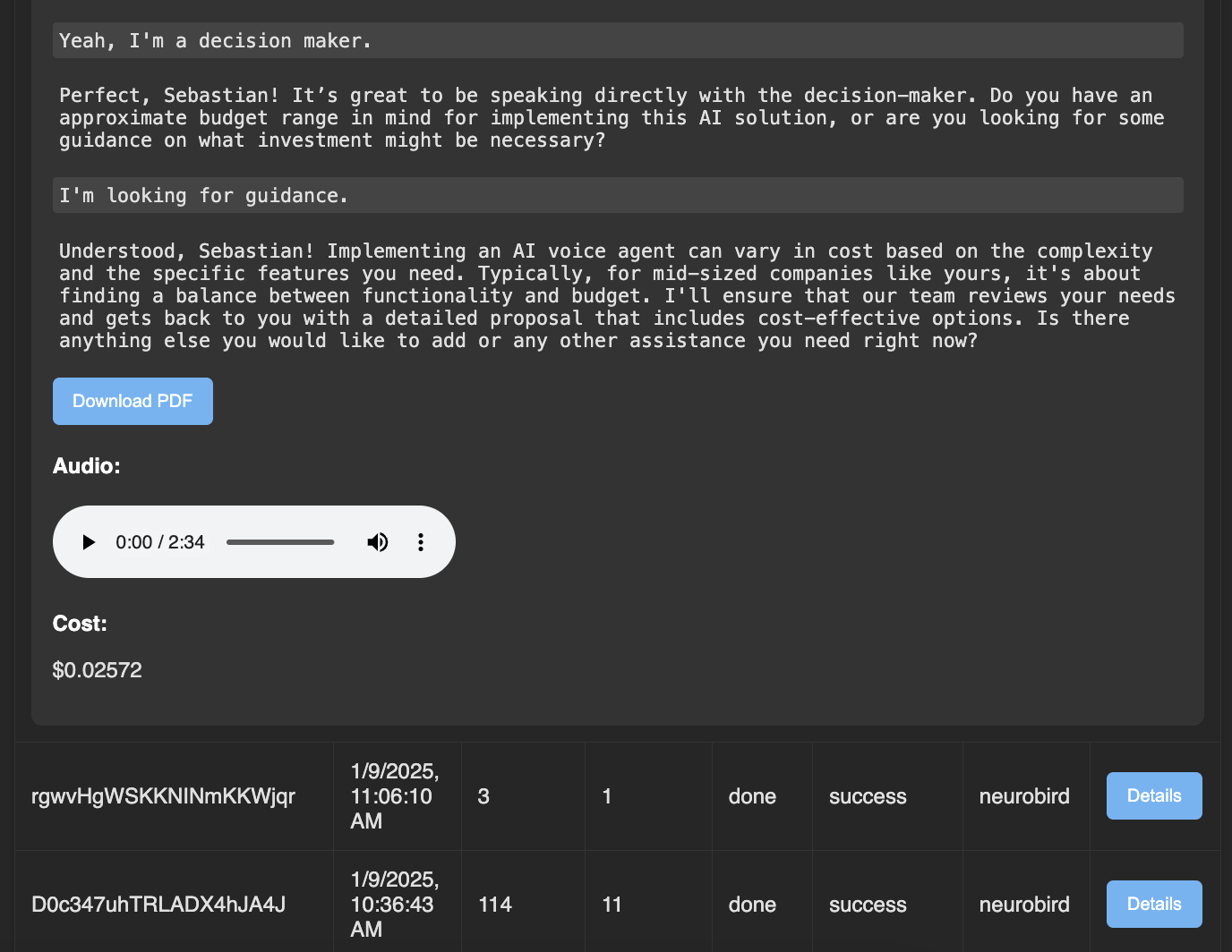 White Label ElevenLabs Conversational AI - Transcript and Audio Dashboard