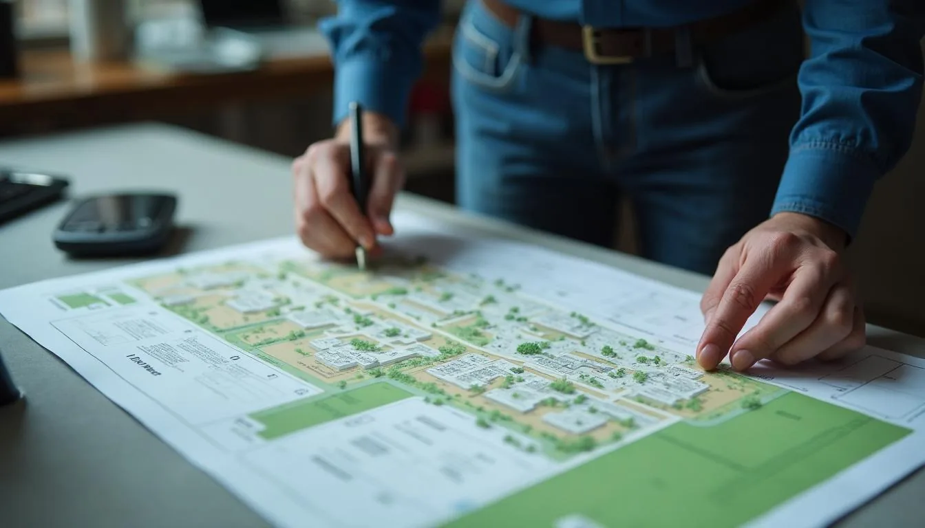Planner at a permit counter marking up a site plan against a zoning map, used to illustrate where a review round is actually decided before an application moves to the next desk